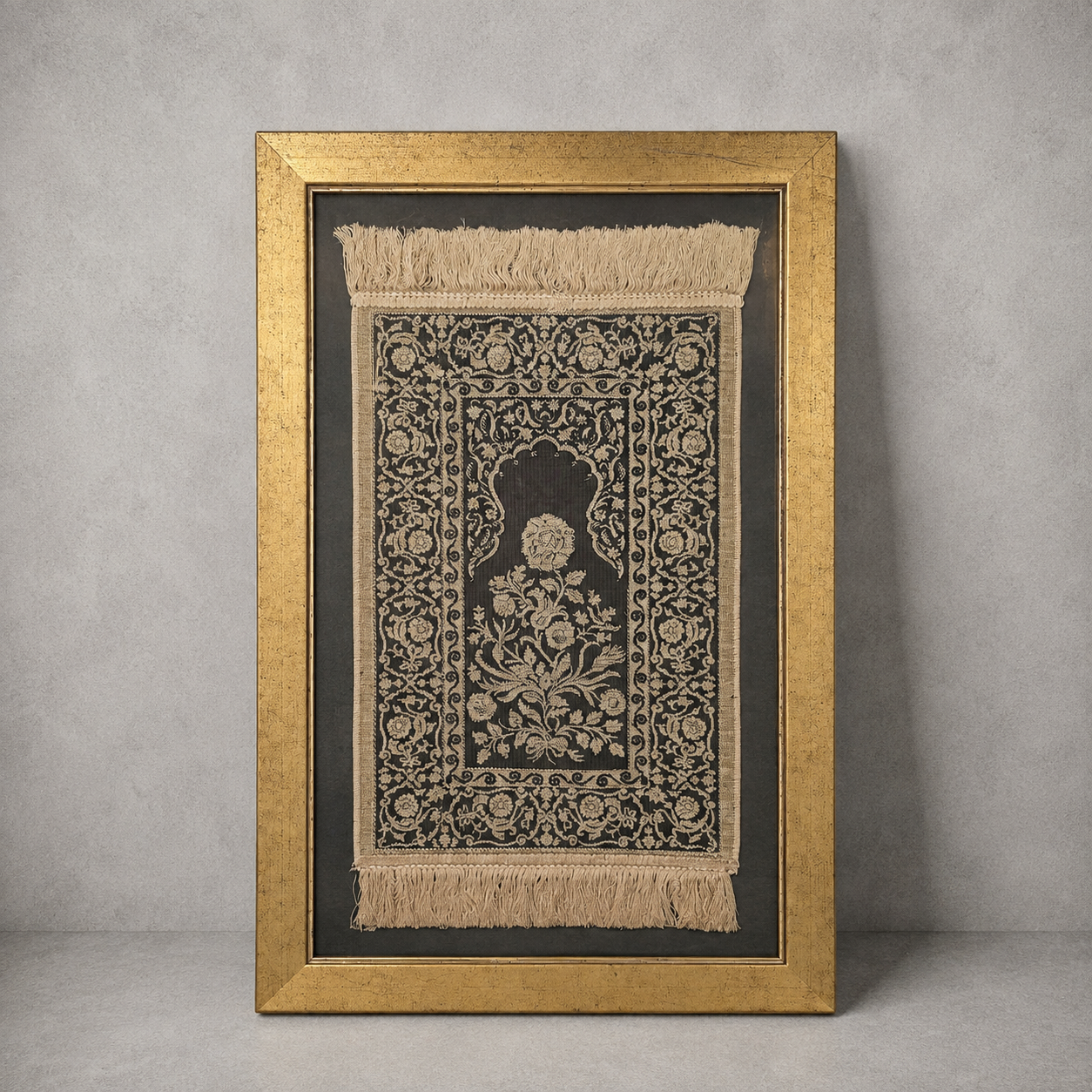 Framed Vintage Islamic Prayer Rug | Woven Textile Wall Art | Gold Frame