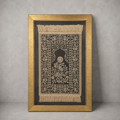 Framed Vintage Islamic Prayer Rug | Woven Textile Wall Art | Gold Frame