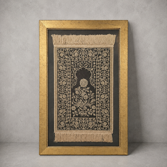 Framed Vintage Islamic Prayer Rug | Woven Textile Wall Art | Gold Frame