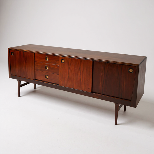 Danish Mid-Century Rosewood Sideboard | Vintage Long Credenza with Drawers & Sliding Doors