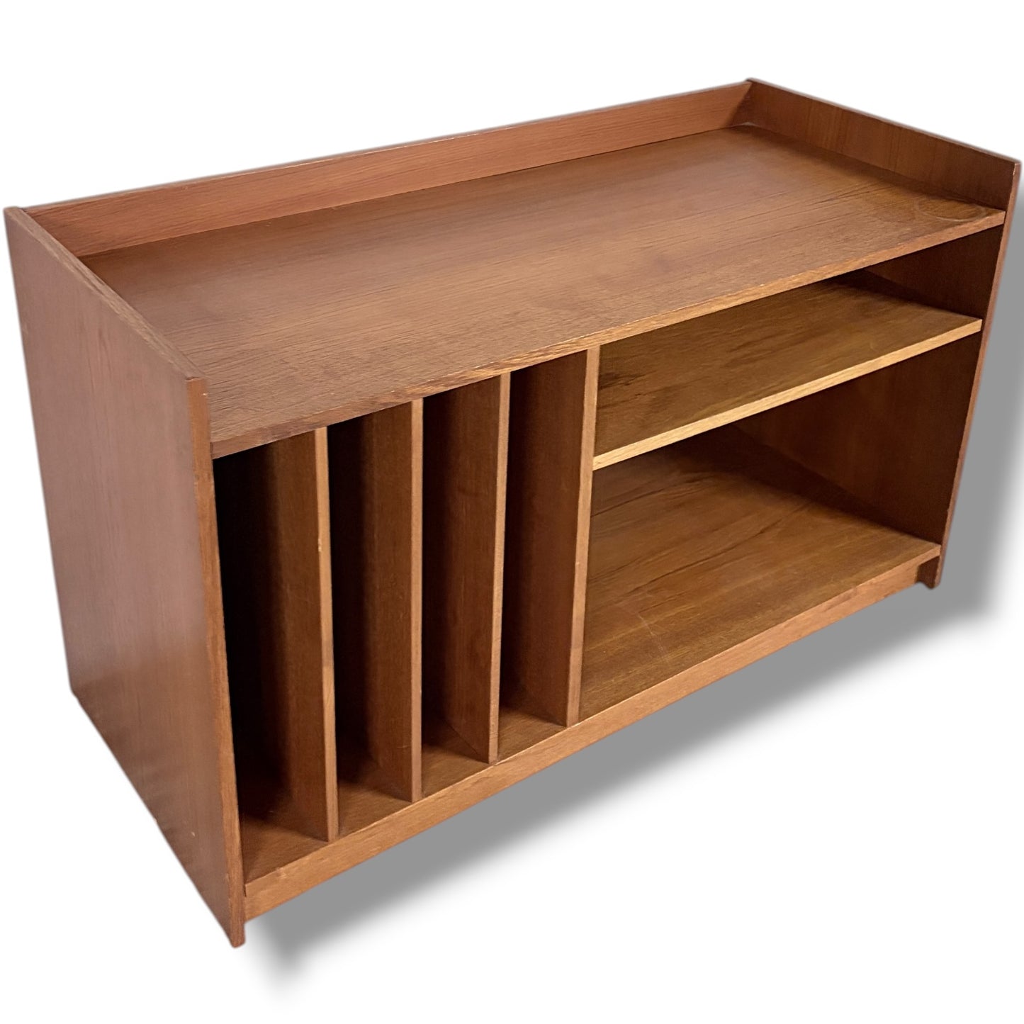 Danish Teak Media Unit – Mid Century Cabinet with Vinyl Storage & Open Shelving