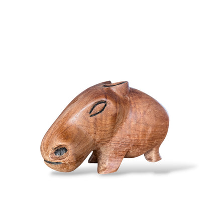 Mid Century Wooden Sculpture | Hand Carved Wood Hippo Statue With Natural Grain