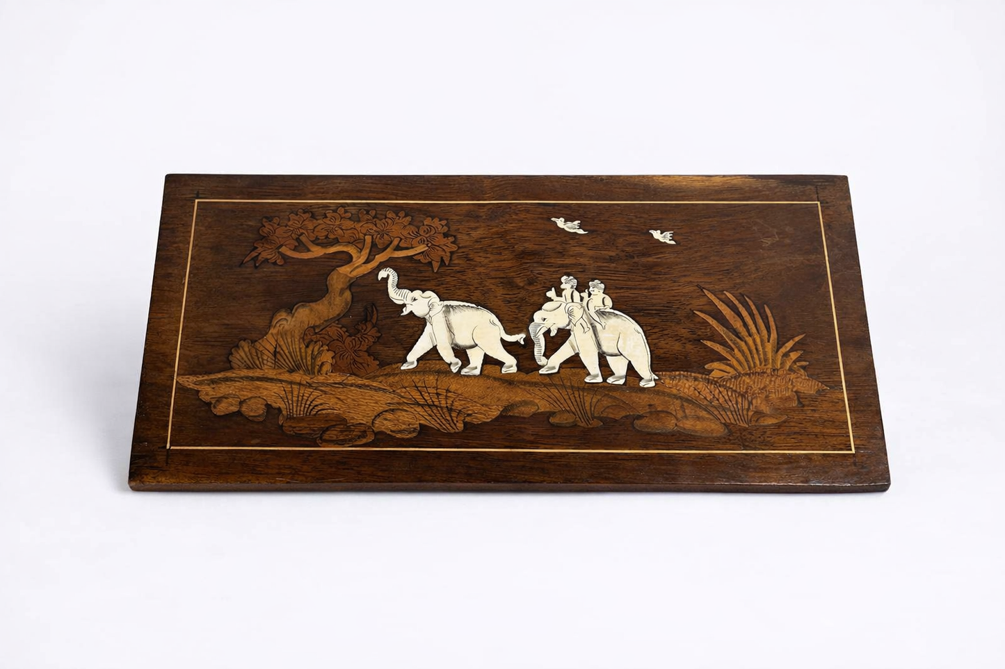 Vintage 1960s Indian Rosewood Inlaid Elephant Wall Panel