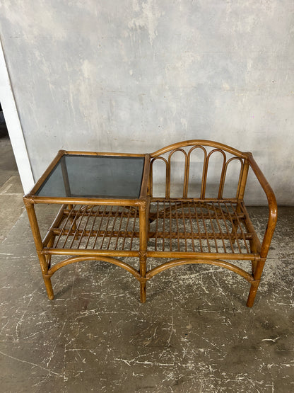 Vintage Bamboo Telephone Table with Smoked Glass Top | Boho Mid Century Rattan Hallway Seat
