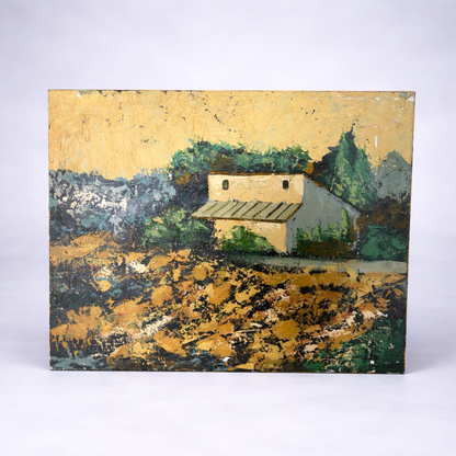 Vintage Textured Landscape Painting – Rustic House Scene, Impasto Wall Art