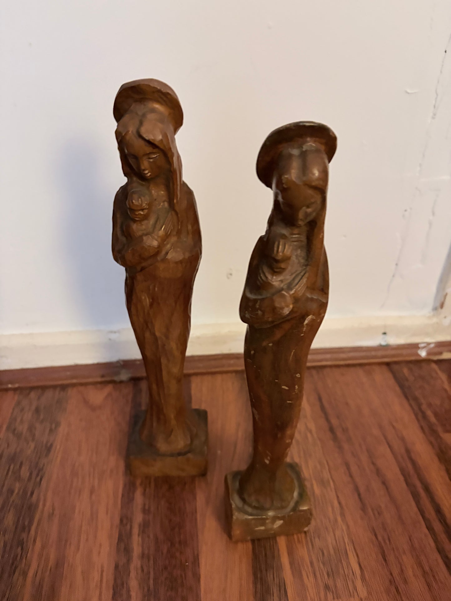 Mid Century Carved Wooden Madonna & Child Figures – Pair of Religious Sculptures