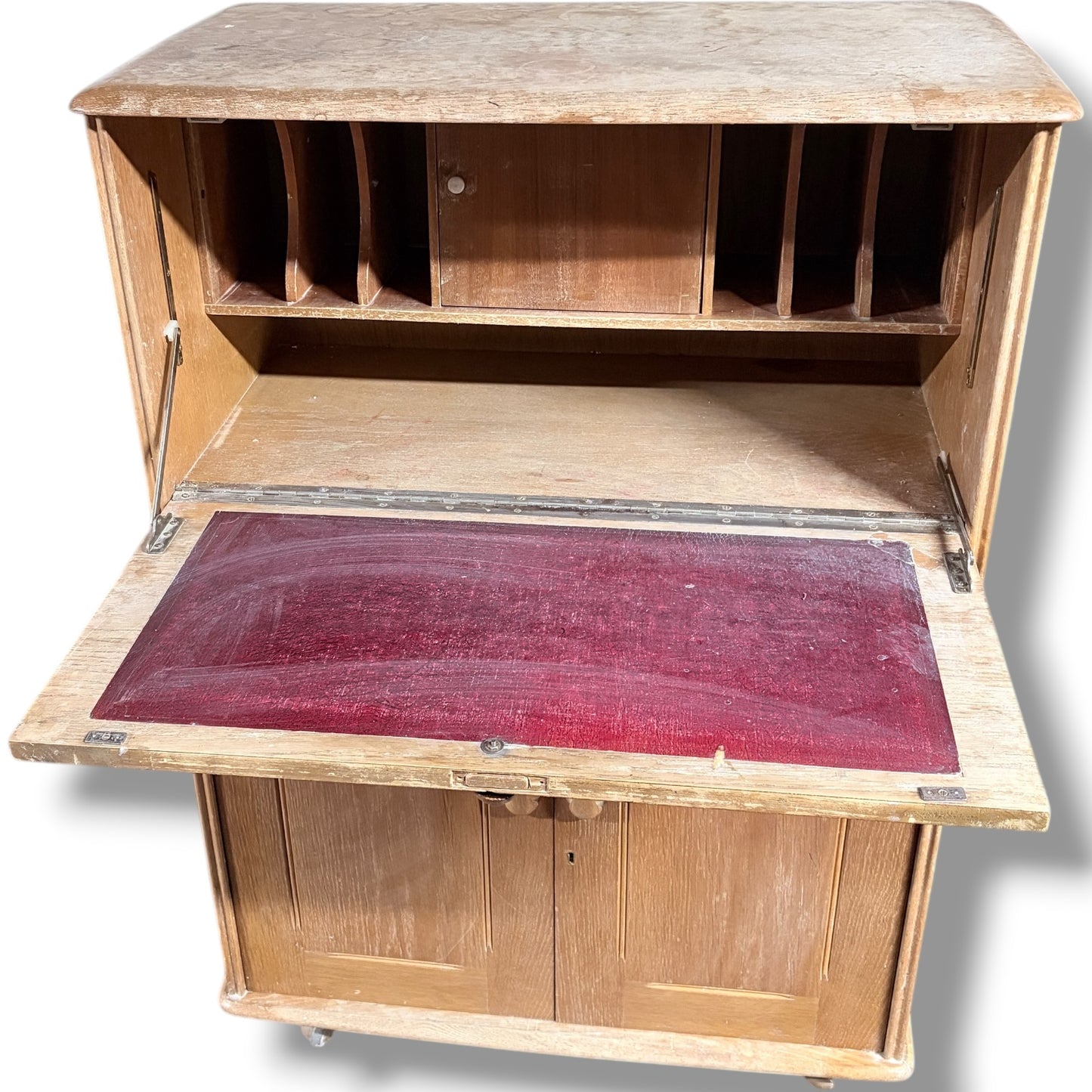 Vintage Oak Bureau - Drop Front Desk | Compact Writing Desk With Castor Wheels