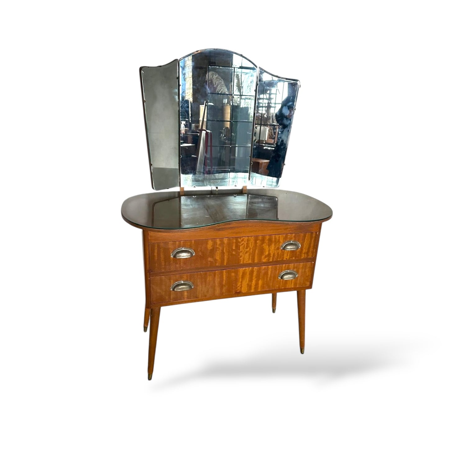 Vintage Walnut Dressing Table with Tri-Fold Mirror