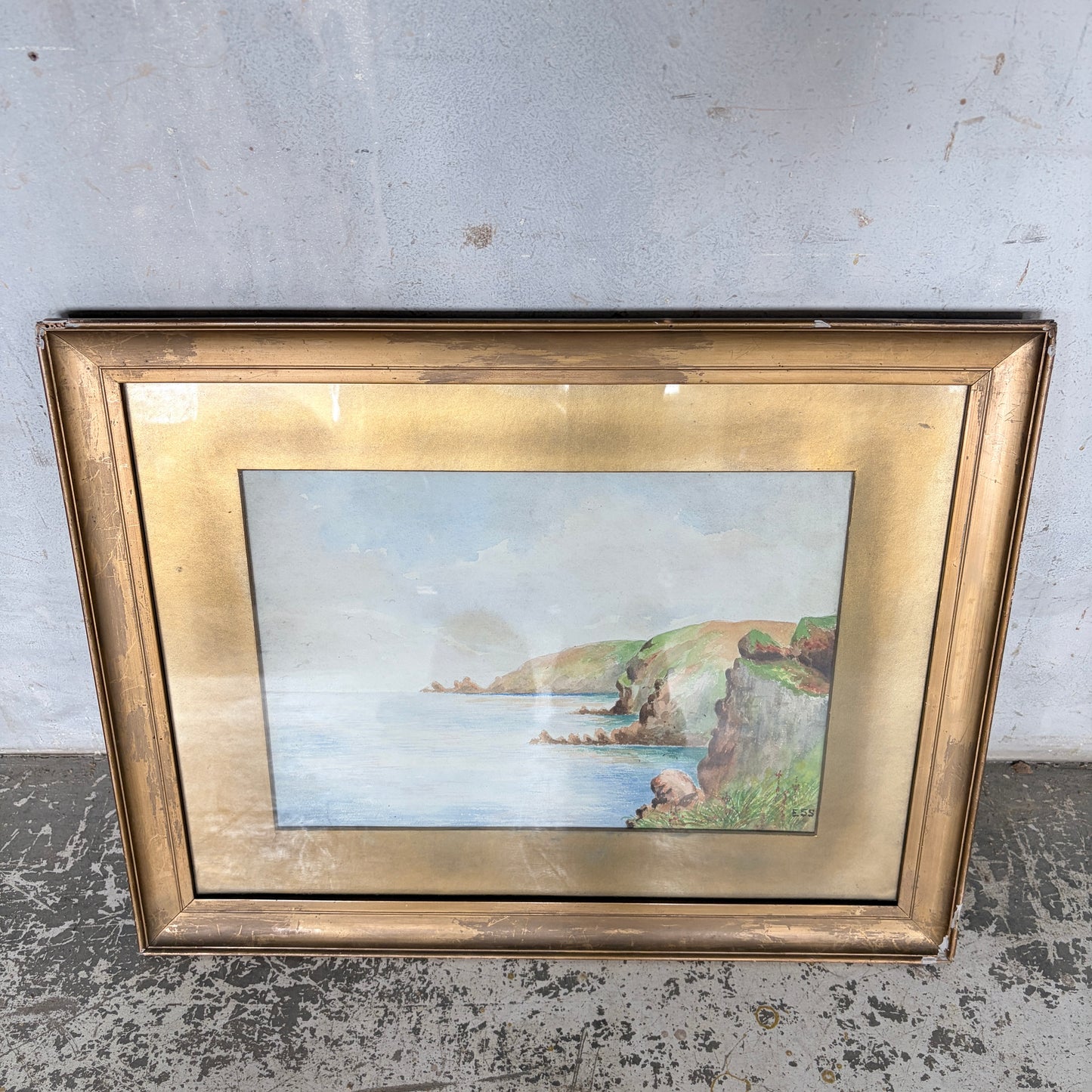 1950s Coastal Watercolour Landscape Painting in Original Gilt Frame