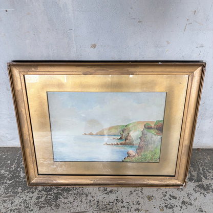 1950s Coastal Watercolour Landscape Painting in Original Gilt Frame