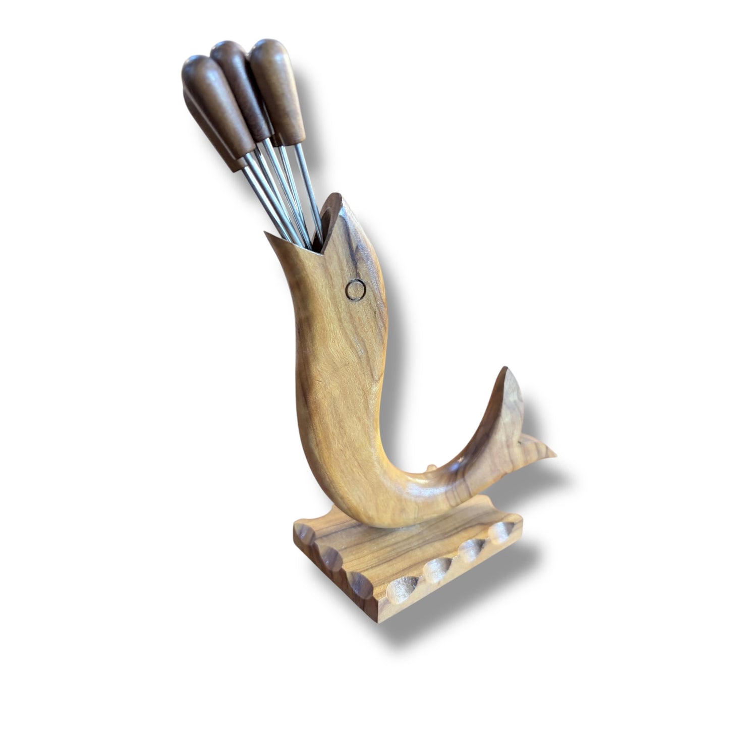 Mid-Century Olive Wood Fish-Form Knife & Pick Holder