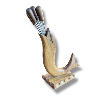 Mid-Century Olive Wood Fish-Form Knife & Pick Holder