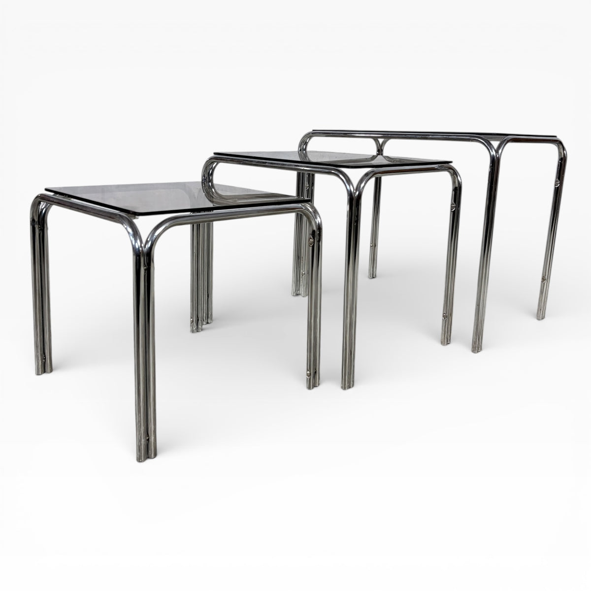 Mid Century Smoked Glass & Tubular Chrome Nest of Tables
