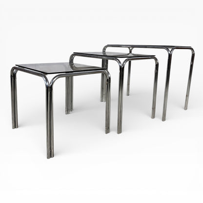 Mid Century Smoked Glass & Tubular Chrome Nest of Tables