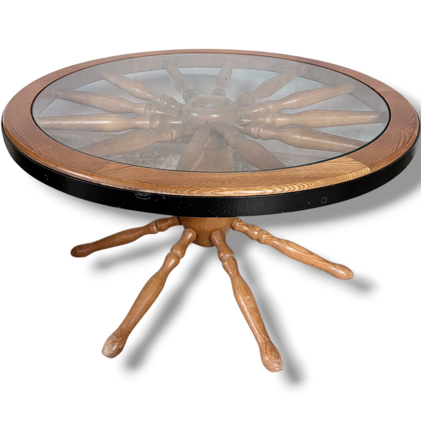 Vintage Ship Wheel Table – Elm and Oak Nautical Coffee Table with Glass Top