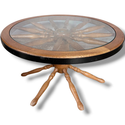 Vintage Ship Wheel Table – Elm and Oak Nautical Coffee Table with Glass Top