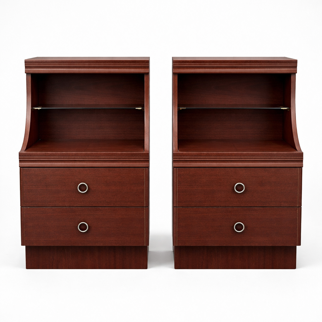 Pair of Vintage Mahogany & Formica Bedside Cabinets with Open Shelf