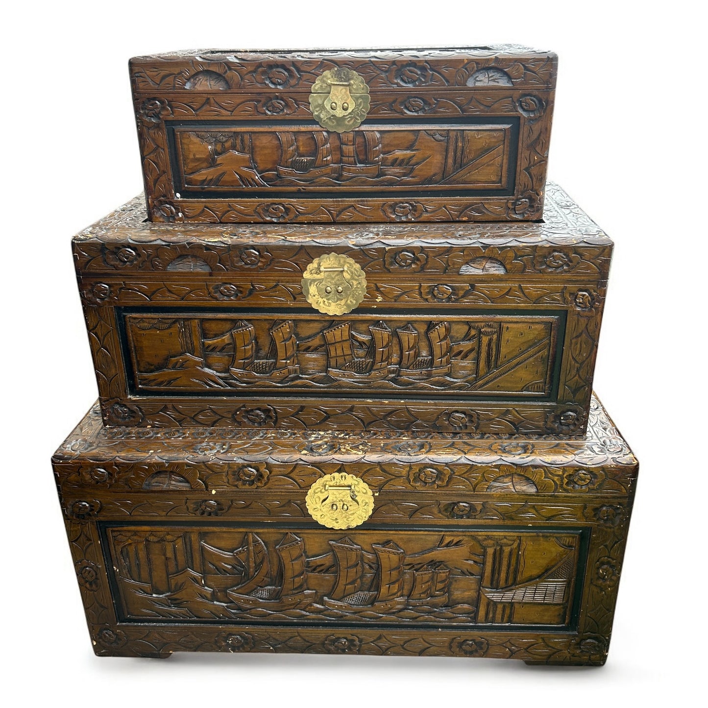Vintage Chinese carved Camphor wood set of three stacking chests