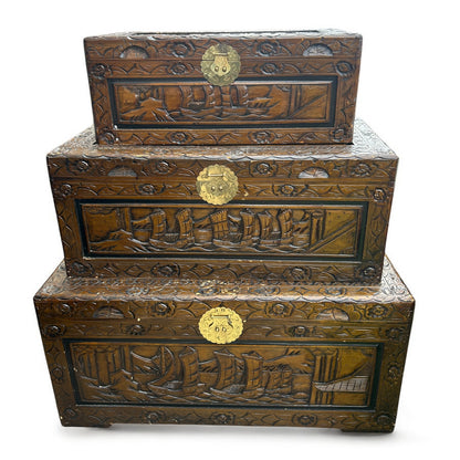 Vintage Chinese carved Camphor wood set of three stacking chests