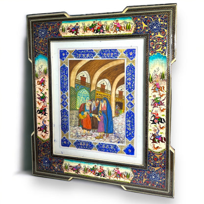 Vintage 1950s Persian Khatam Mosaic Watercolour Painting