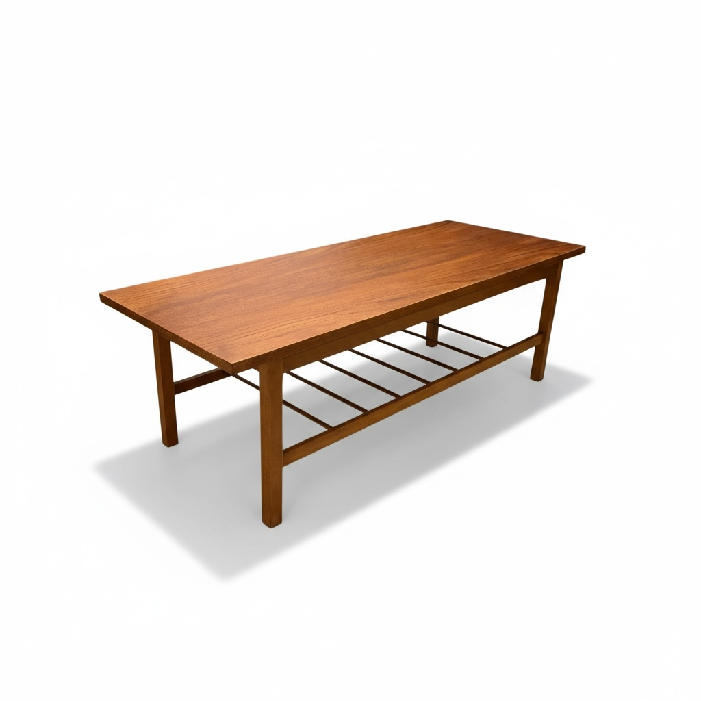 Danish Teak Coffee Table – Mid Century Vintage 1960s Solid Teak Top with Slatted Shelf