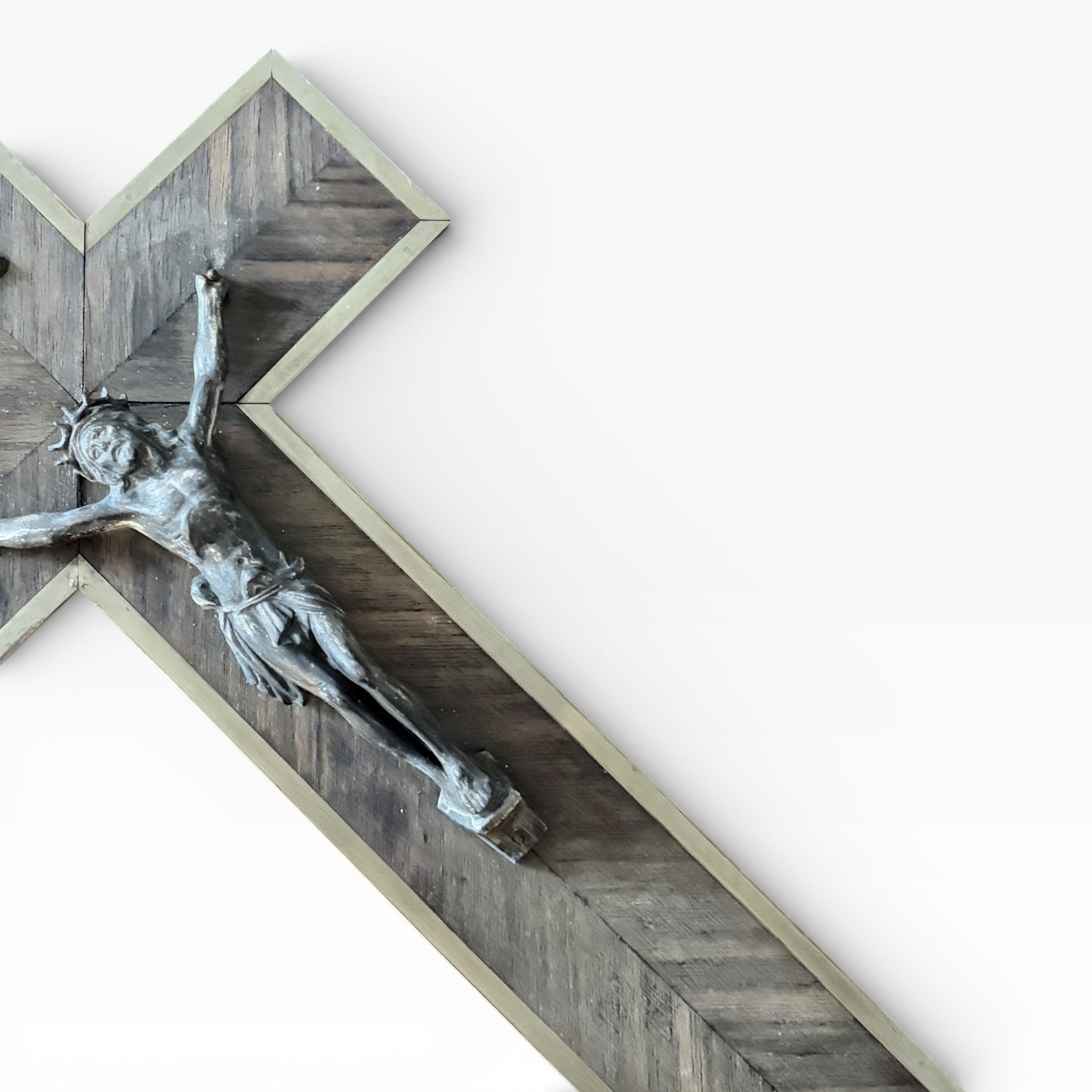 1970s Brass & Oak Crucifix | Vintage Religious Wall Cross