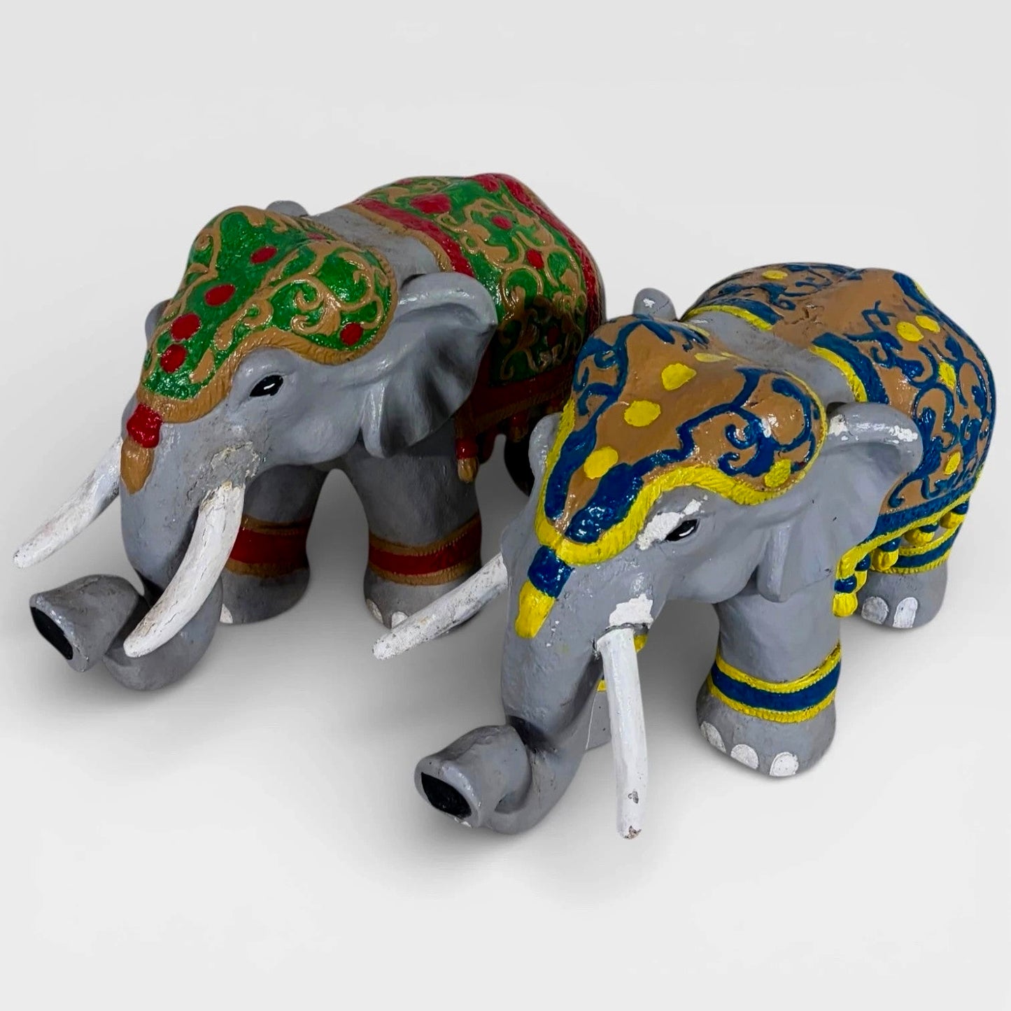 Pair of Hand Painted Indian Elephant Sculptures | Decorative Folk Art Figures