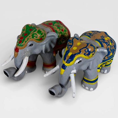 Pair of Hand Painted Indian Elephant Sculptures | Decorative Folk Art Figures