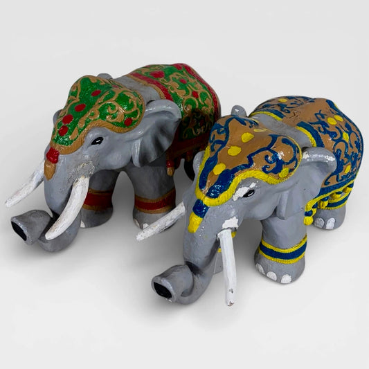 Pair of Hand Painted Indian Elephant Sculptures | Decorative Folk Art Figures