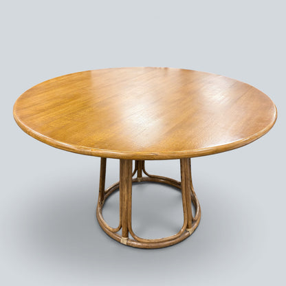 Vintage Oak & Bamboo Round Dining Table | Mid Century Rattan Pedestal Dining Table