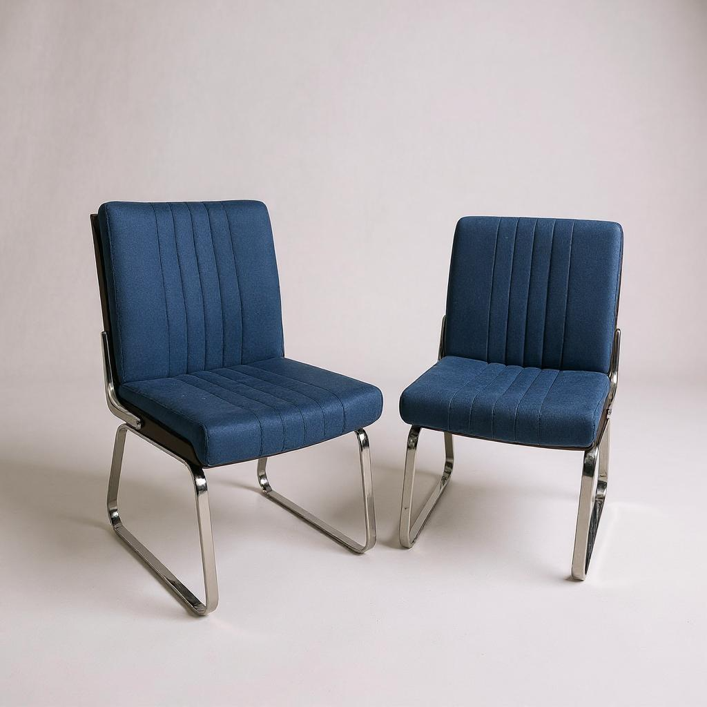 Vintage Gordon Russell Verco Chairs – Pair of Mid Century Modern Blue Chrome Dining Chairs, Retro 1970s Cantilever Seating