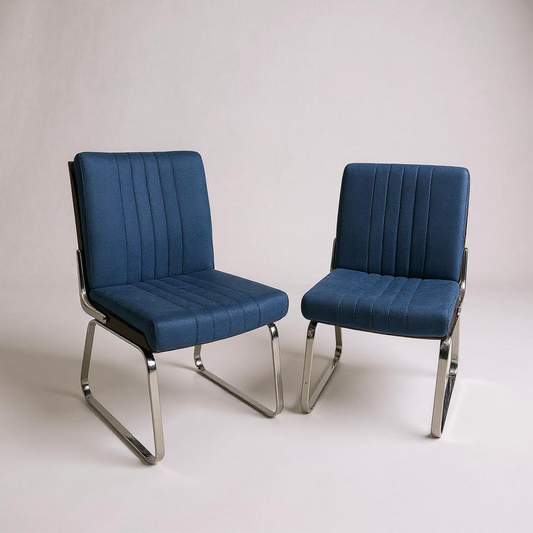 Vintage Gordon Russell Verco Chairs – Pair of Mid Century Modern Blue Chrome Dining Chairs, Retro 1970s Cantilever Seating