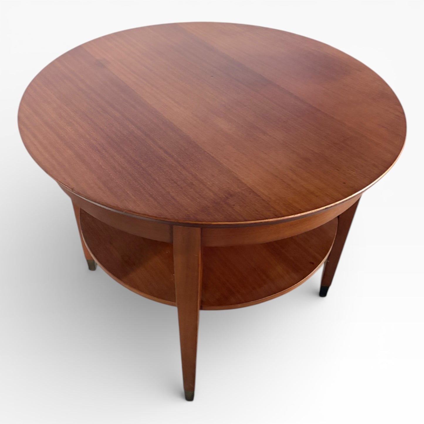 Mid Century Coffee Table - Round Two Tier Teak Table with Brass Capped Legs