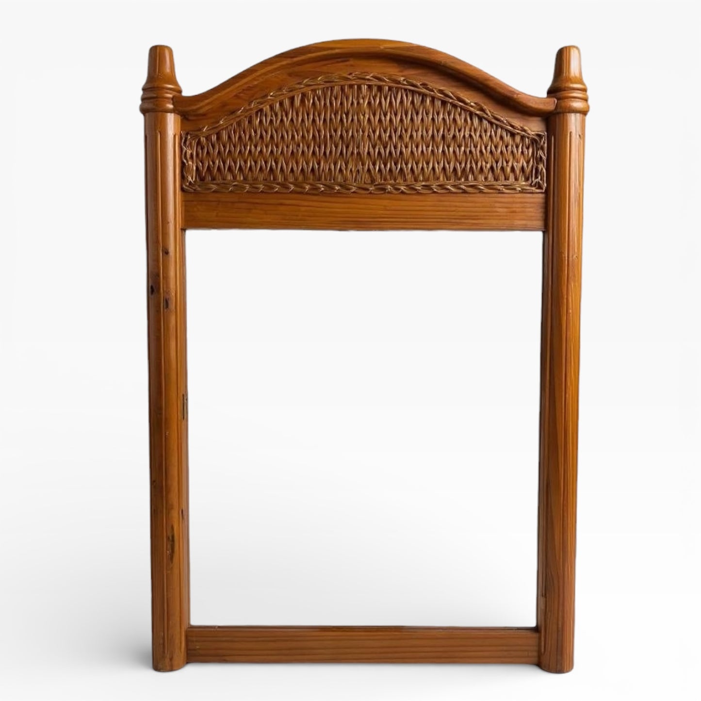 Antique Farmhouse Mirror – Large English Pine Rustic Wall Mirror with Arched Wicker Panel