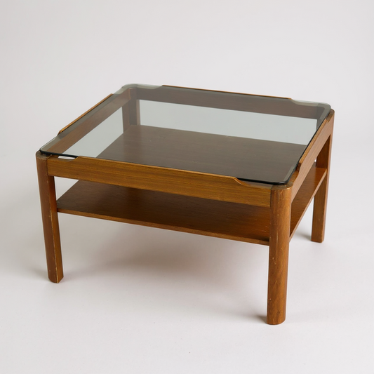 Myers Square Coffee Table | Mid Century Smoked Glass Top with Shelf