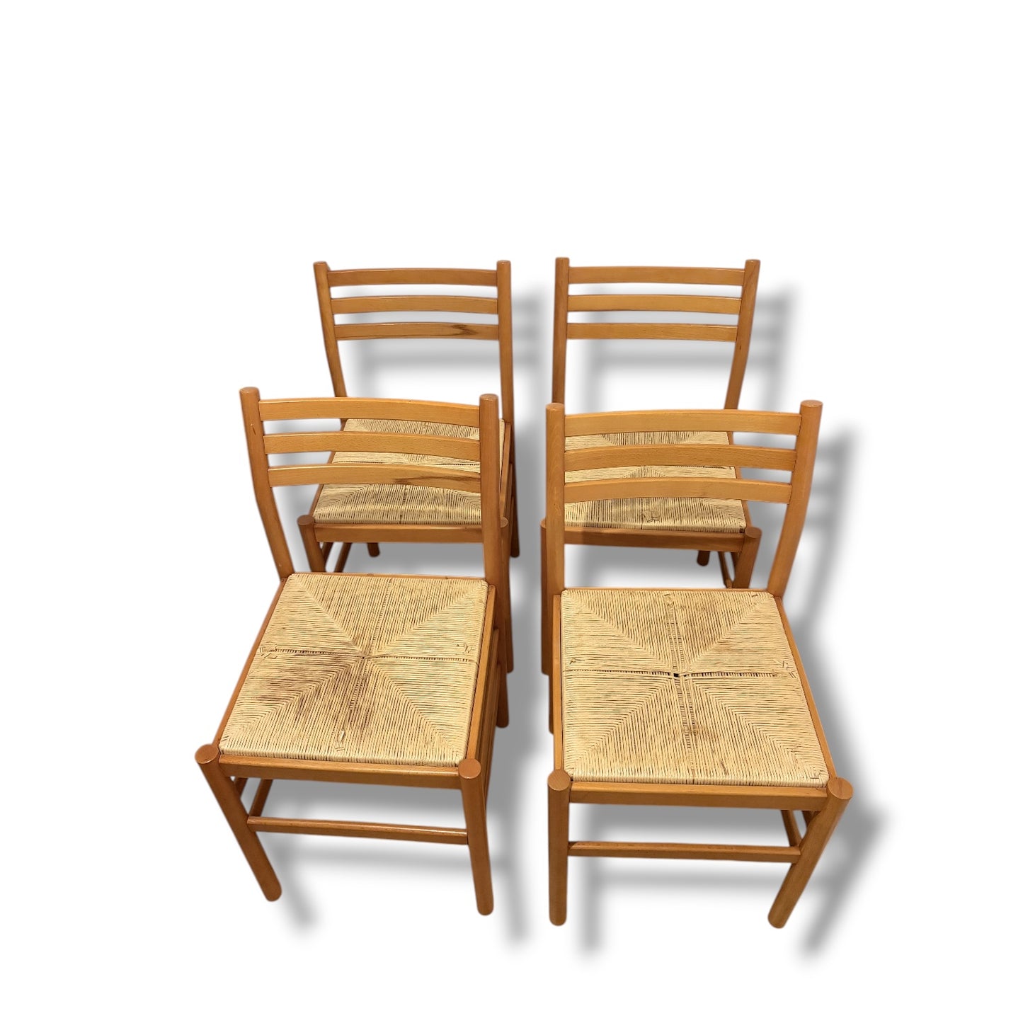Italian Beech Dining Chairs – Set of Four Vintage Ladder Back Chairs with Woven Rush Seats