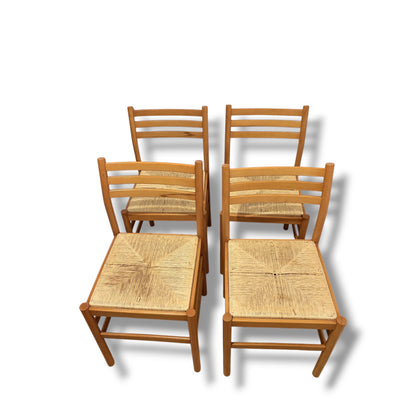 Italian Beech Dining Chairs – Set of Four Vintage Ladder Back Chairs with Woven Rush Seats