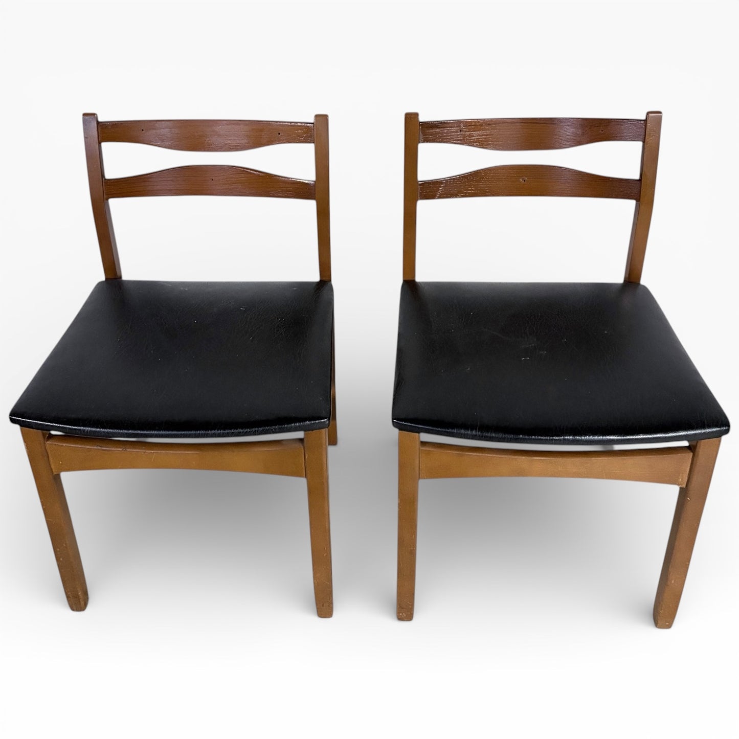 Mid Century Teak Chairs – Pair of Vintage Dining Seats with Black Upholstered Comfort