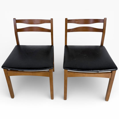 Mid Century Teak Chairs – Pair of Vintage Dining Seats with Black Upholstered Comfort