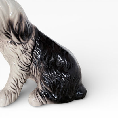 Large Vintage Old English Sheepdog Ceramic Statue – Mid-Century Black & White Glazed Dog Sculpture
