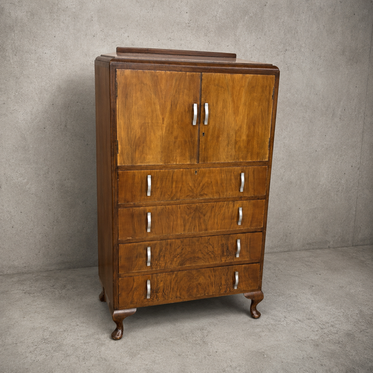 Art Deco Walnut Pantry Cabinet | Vintage Walnut Kitchen Larder Cupboard with Drawers