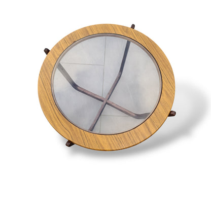 Vintage Round Teak & Formica Glass Coffee Table