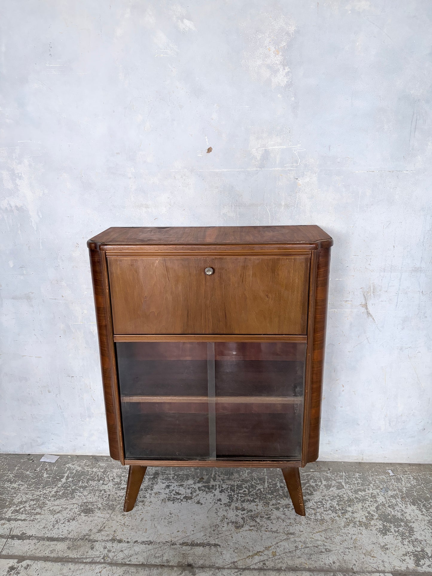 Art Deco Walnut Bureau Drinks Cabinet with Glazed Display
