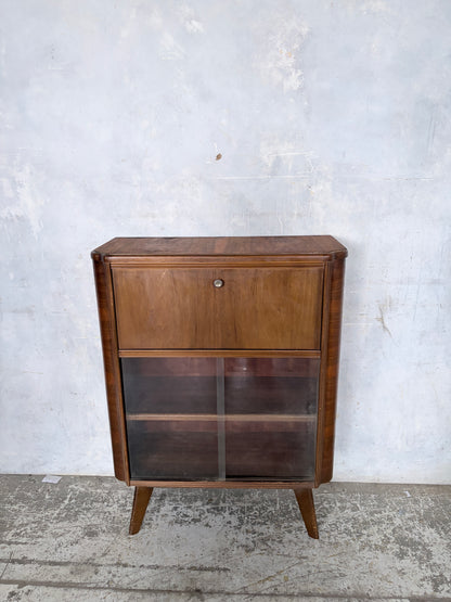 Art Deco Walnut Bureau Drinks Cabinet with Glazed Display
