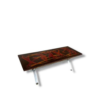 Mid Century Modern Flames Hand Painted Top Chrome Coffee Table