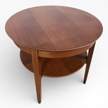 Mid Century Coffee Table - Round Two Tier Teak Table with Brass Capped Legs