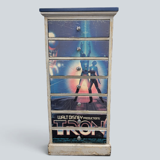 Vintage Disney TRON Tallboy Chest of Drawers | Upcycled Film Poster Storage Cabinet | Retro Sci-Fi Furniture