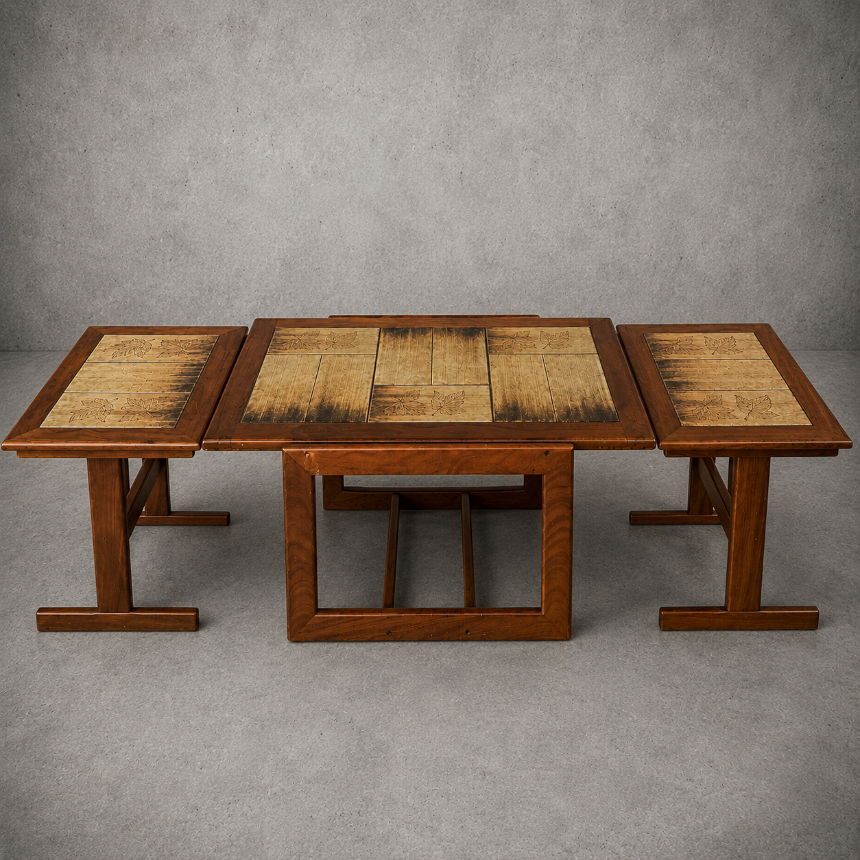 Mid Century Tile Top Coffee Table with Extending Side Tables