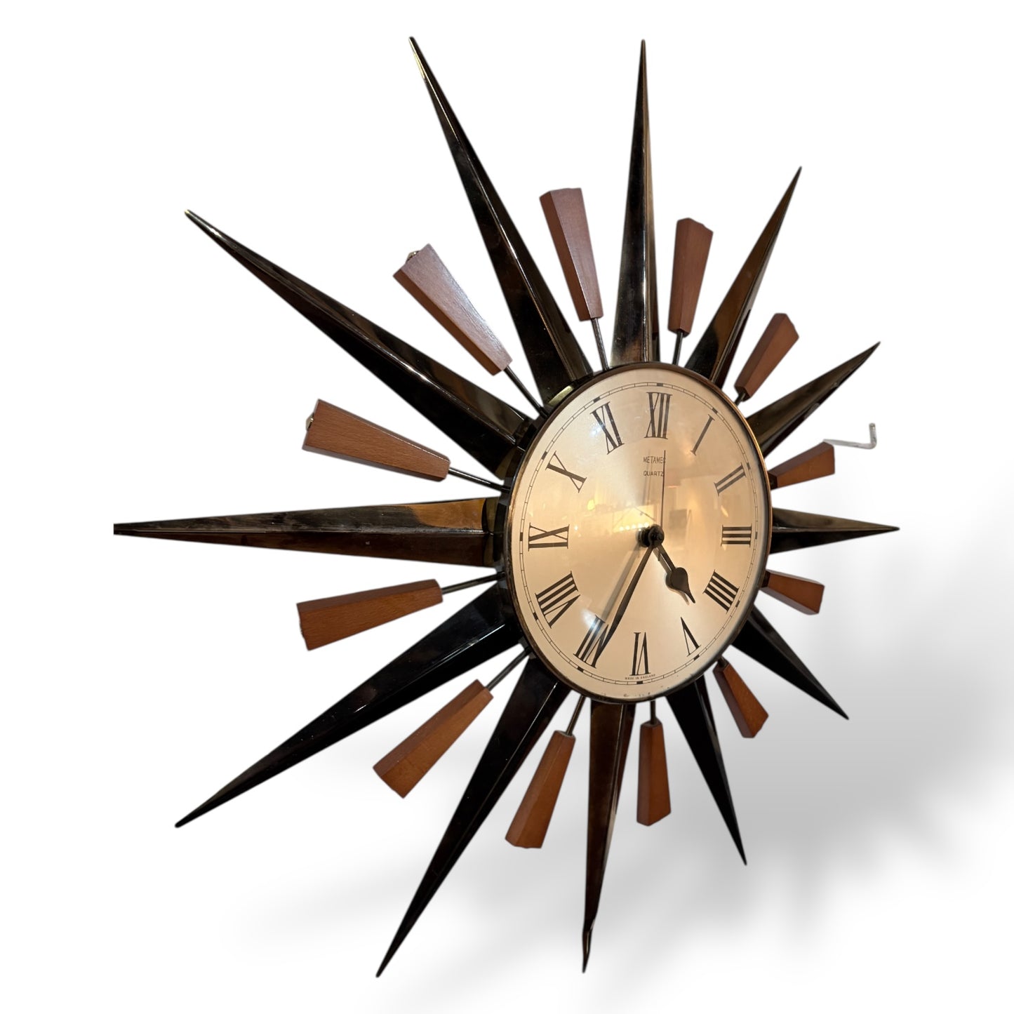 Mid-Century Metamec Sunburst Wall Clock – Brass & Teak, Quartz Movement — view 6