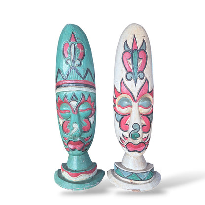 Hand Carved Wooden Sculptures – Mid Century Folk Art Painted Heads